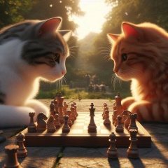 Sunny Afternoon Strategists: Two Cats Engage in a Chess Match Amidst Nature's Beauty