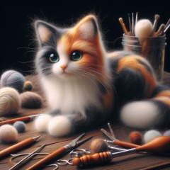 Felting Mastery: Lifelike Calico Cat Sculpture with Tools on Display