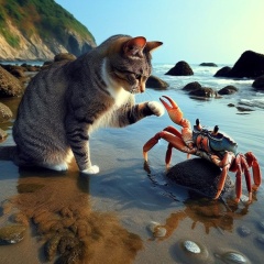 Curious Cat vs. Crab Clash: A Quirky Encounter by the Tidepool