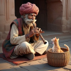 Whimsical Encounter: AI-Rendered Cat Charmer Surprises in Photorealistic Street Scene