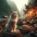 Vietnamese Feline Encounter: Photorealistic Portrait Amidst Riverside Serenity