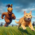 ALF Pursues: Hyperrealistic Encounter with Speeding Orange Cat in Grassland