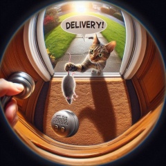 Tabby Cat's Surprising Delivery: Hyper-Realistic Spyglass View of Feline Couriers