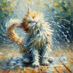 Serenity in Motion: Impressionistic Impasto of a Cat Shaking Off Water