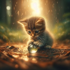 Macro Marvel: A Summer Forest's Mini Wild Kitten and the Enormous Raindrop