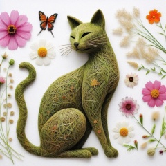 Floral Feline: Oriental Cat Crafted from Pressed Grass and Flowers