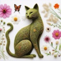 Floral Feline: Oriental Cat Crafted from Pressed Grass and Flowers