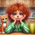Whimsical Monday Mornings: Red-haired Woman, Green Pajamas, and an Orange Kitten