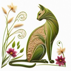Botanical Bliss: Pressed Grass Oriental Cat with Floral Accents