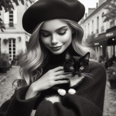 Enchanting Autumn Stroll: French Girl Embracing Tuxedo Cat in Old Cityscape