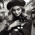 Enchanting Autumn Stroll: French Girl Embracing Tuxedo Cat in Old Cityscape