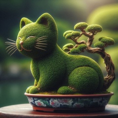 Whisker Greens: A Realistic Cat Bonsai in Lush Outdoor Setting