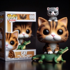 Whimsical Cat and Kitten Funko Pop Style Figure with Alligator Adventure
