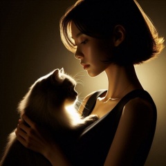 Golden Contours: Enigmatic Portrait of a Young Woman with Cat