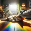 Tabby Bliss: A Serene Cat Basks in Rainbow Sunlight