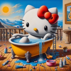 Surreal Soak: Hello Kitty's Delightful Bath in Salvador Dali's World