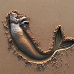 Dreamscape Fusion: Sleeping Cat-Mermaid in Surreal Harmony