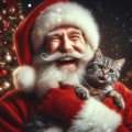 Heartwarming Christmas Moment: Santa Claus Embracing his Beloved Cat with Joyful Laughter