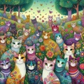 Whimsical Garden: Cats Amidst Blooms and Butterflies
