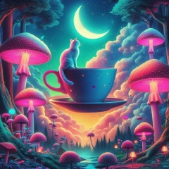 Moonlit Whimsy: Surreal Cat and Floating Tea Cup