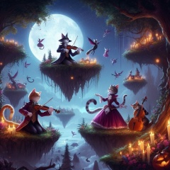 Whimsical Feline Symphony: Cats Dance Under the Moonlight in Enchanted Forest