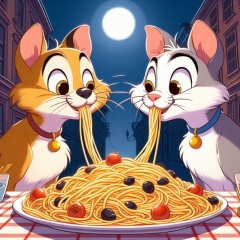 Moonlit Romance: Cartoon Cats Recreate the Spaghetti Scene from Lady and the Tramp