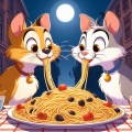 Moonlit Romance: Cartoon Cats Recreate the Spaghetti Scene from Lady and the Tramp