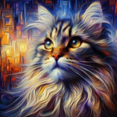 Tranquil Gaze: Serene Abstract Portrait of a Long-Haired Cat in Oil