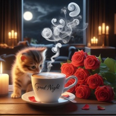Tranquil Nights: A Message of Serenity with Coffee, Roses, and a Curious Kitten