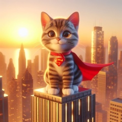 Whimsical Hero: a Tabby Superhero Kitty on a Skyscraper