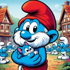 Papa Smurf and his Feline Friend: A Serene Day in Smurf Village