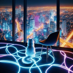 Neon Dreams: A White Cat's Perspective on the Urban Glow