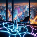 Neon Dreams: A White Cat's Perspective on the Urban Glow