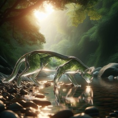 Translucent Feline Elegance: A Glass-Like Cat Sips Serenity from a Forest Creek