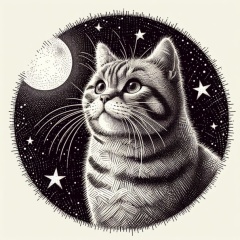 Moonlit Whiskers: Curious Cat in Crosshatch