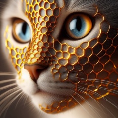 Radiant Feline: A Close-Up Fusion of Nature and Technology