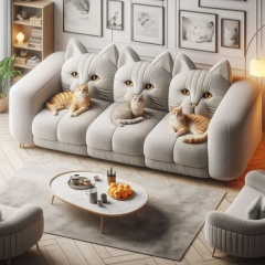 Modern Living Room: Cat-Shaped Couch with Three Lounging Felines