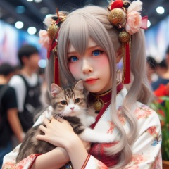 Heartwarming Cosplay: Japanese Girl Embraces Feline Friend at Convention