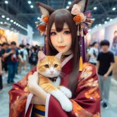 Whiskers and Whimsy: Photorealistic Japanese Cosplay Girl Embracing Feline Companion at Convention