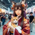 Whiskers and Whimsy: Photorealistic Japanese Cosplay Girl Embracing Feline Companion at Convention