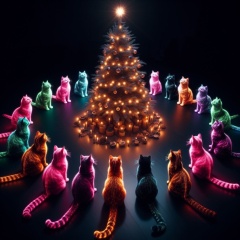 Feline Festivities: Luminescent Cats Encircle a Christmas Glow