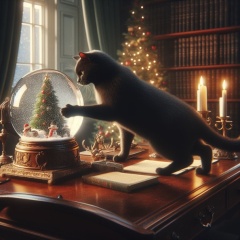 Midnight Mischief: A Black Cat and the Snow Globe in the Study Room