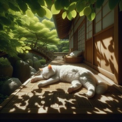 Serenity Captured: Tranquil Cat Nap on Japanese Wooden Platform