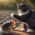 Enigmatic Encounter: A White-Furred Cat Contemplates the Carp