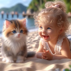 Sandy Beach Serenity: Captivating Moment of Calico Kitten and Delighted Baby Girl