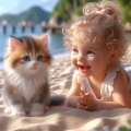Sandy Beach Serenity: Captivating Moment of Calico Kitten and Delighted Baby Girl
