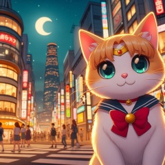 Whimsical Feline Charm: Tokyo's Streets Enchanted in Sailor Moon Anime Style