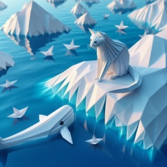 Serene Origami Cat on Ice Floe