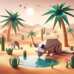 Serene Origami Cat in Desert Oasis