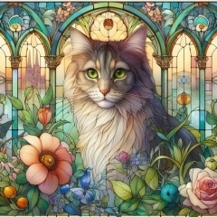 Serene Art Nouveau Stained Glass Cat Portrait with Church and Plants